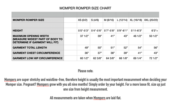 Momper Romper Size Chart.
