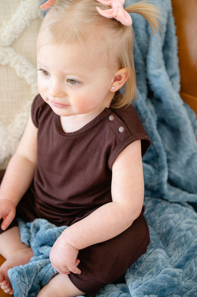 Baby Momper Romper in Chocolate Brown.