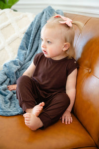 Baby Momper Romper in Chocolate Brown.