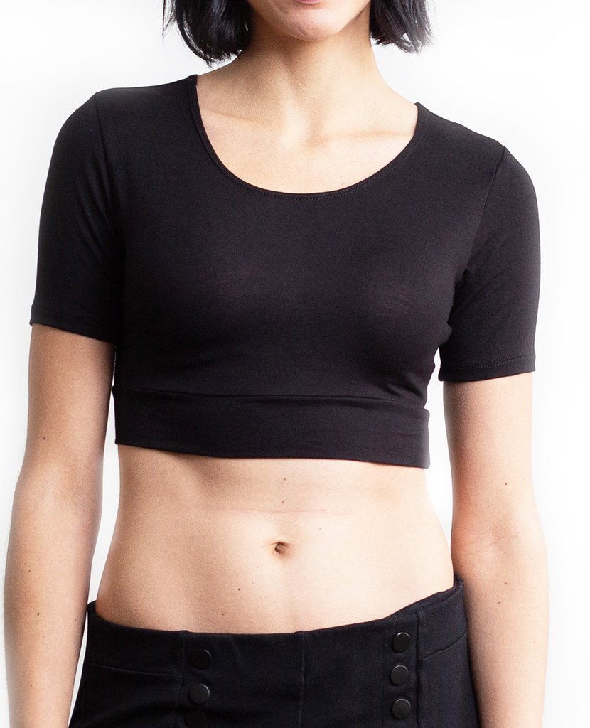 Women's layering short sleeve top in black.